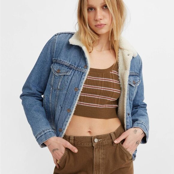 NEW Levi's® Original Denim Indigo Sherpa Iconic Classic Trucker Jean Jacket, S - Picture 4 of 9